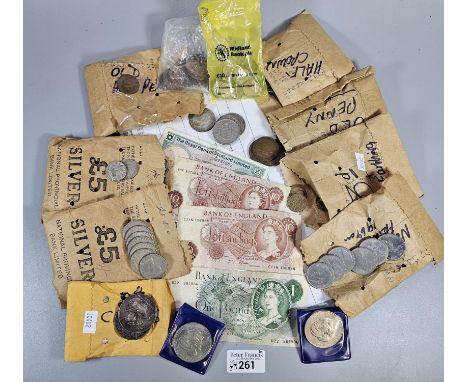 Box of assorted GB bank notes and coins, particularly to include: Victorian silver Crown 1889 and another similar 1891. (2) (
