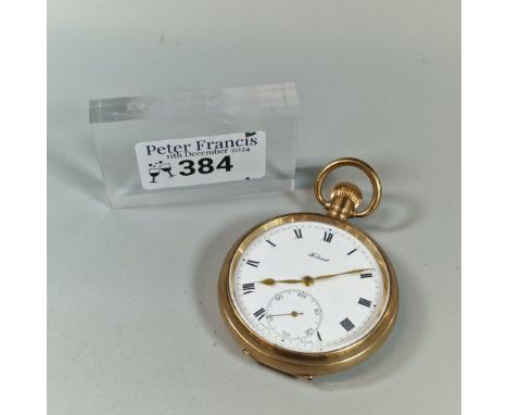 Gold plated keyless lever open faced pocket watch, with Dennison case and having Roman white face with seconds dial. (B.P. 21