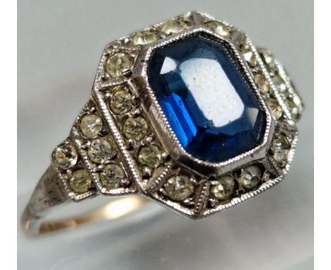 9ct gold and silver Art Deco style clear and blue stone dress ring. 3.1g approx. Size N1/2.  (B.P. 21% + VAT)