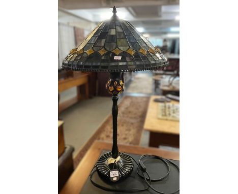 Large Tiffany style mushroom shaped table lamp, with lead glazed shade and glass inlaid pedestal. (B.P. 21% + VAT)