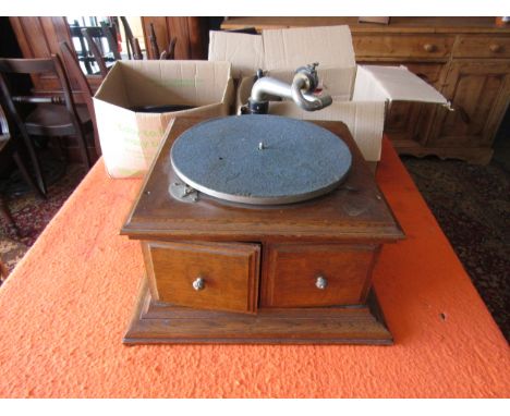 Antique Gramophone with steel needles and 90 78 records, several first copy vinyl HMV with one side recorded only