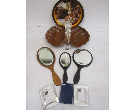 A treen double wooden fruit bowl, Ebony hand mirrors and 1 other wooden hand mirror, glass thermometer, 3 silver toned frames