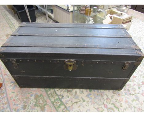 Large travelling trunk with interior shelves, stickers, A.R.P stamped 112cmW 52cmD and H