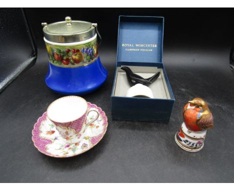 Dresden cup and saucer a/f, Royal Worcester pie funnel and Robin and vintage biscuit barrel
