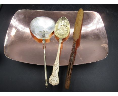Oyster shell&nbsp; spoon, Berry spoon, carved page turner with netsuke style carving and a Richard Mead copper tray