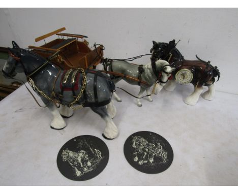 3 large ceramic shire horses, one with cart, one with clock insert with 2 working horse plaques&nbsp;