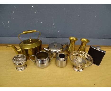 Mixed metalware to include brass kettle and hip flask etc&nbsp;