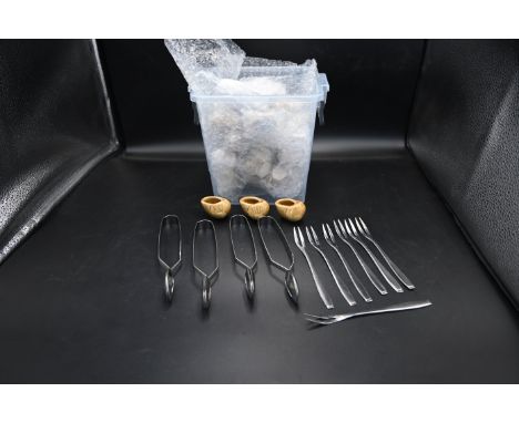 30 Ceramic Escargot shell serving pots together with tongs and forks