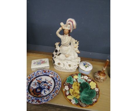Wedgwood Majolica plate, Chinese bud vase, Imari style plate, Staffordshire flat back, Royal Worcester trinket box and Doulto