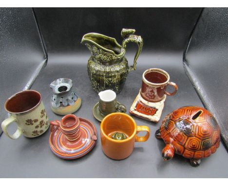 Pottery items- mug with frog inside, 'Sip &amp; Smoke' cup and ashtray, frog money box etc