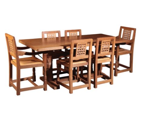 WORKSHOP OF ROBERT 'MOUSEMAN' THOMPSON (1876-1955): AN ENGLISH OAK REFECTORY-TYPE DINING TABLE AND SIX CHAIRS the rectangular