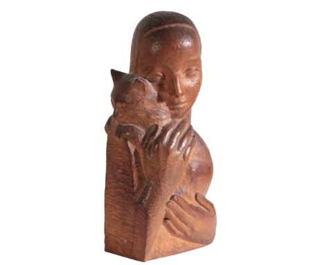 *DORA CLARKE (1895-1989) Woman and Cat direct carving in wood, 37cm highProvenance: The Estate of the late Roger Peers (1932-