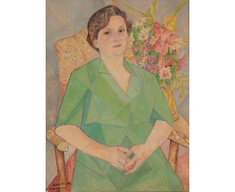 *MARIE VOROBIEFF 'MAREVNA' (1892-1984) 'Mrs Gladys Chinchen' half length portrait of a lady seated in an interior, a vase of 