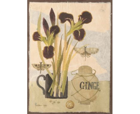 *MARY FEDDEN (1915-2012) 'The Black Irises' Still life study depicting irises in a black mug, butterflies, a ginger ale flask