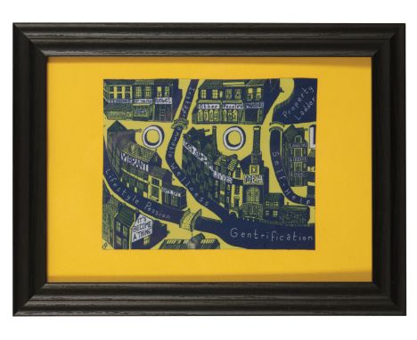 SIR GRAYSON PERRY (b. 1960) 'Gentrification Cloth' 15cm x 19cm, (framed and glazed, 26cm x 35cm overall)