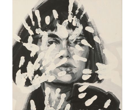 *PAUL TREASURE (b. 1961) A head and shoulders portrait of a woman depicted partially obscured by hand prints, signed verso, o