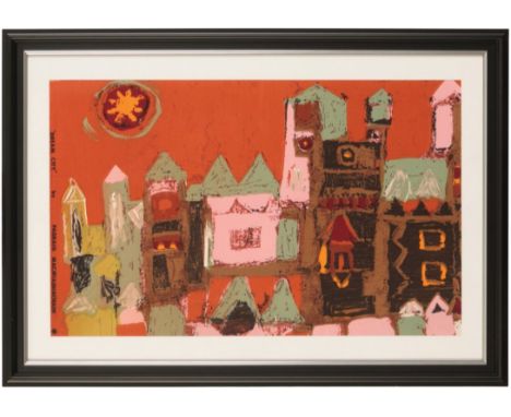*PADRAIG MACMIADHACHAIN (1929-2017) FOR DAVID WHITEHEAD AND SONS: 'Dream City' digital print on cotton, 34cm x 56cm (framed a