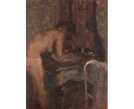 *BERNARD DUNSTAN (1920-2017) 'Interior with Figure' a partially dressed woman washing at the basin, monogrammed lower left, o