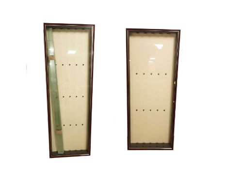Two wall mounted display cases, with glass panel doors with five glass shelves to the interior, the largest display case, 155