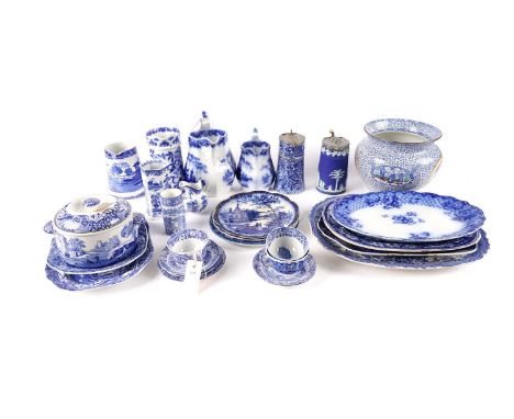 A collection of 19th Century and later blue and white items, including: Copeland Spode Italian tureen, cups, saucers etc; a V