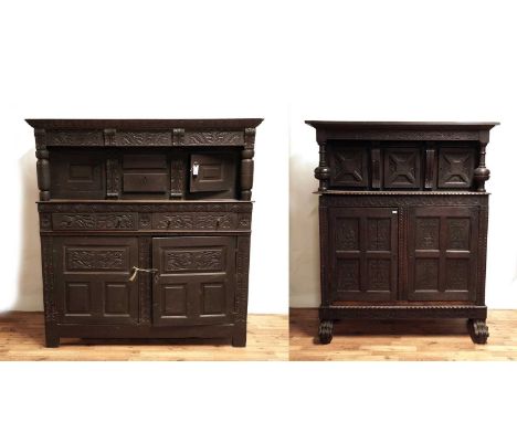 A substantial 17th Century style carved oak buffet, with lunette and floral carved frieze above two drawers and two cupboards