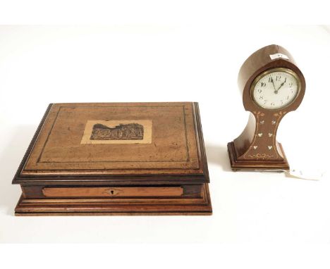 An early 20th Century Arts &amp; Crafts inlaid mahogany mantel clock, with painted arabic dial, the case decorated with ribbo