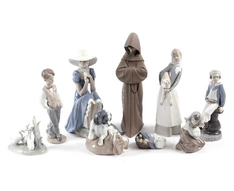 Six Lladro figurines including: 6187 European boy, 4810 boy with yacht, no. 5484 lost lamb; together with three Nao figurines