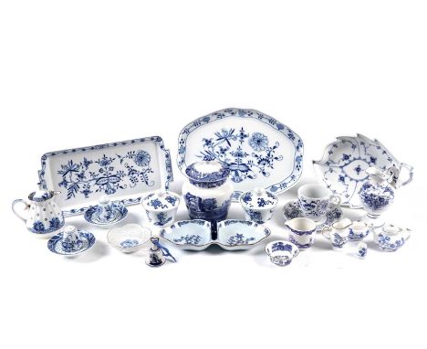 A selection of blue and white decorative ceramics, including: a Royal Copenhagen trinket bowl, in the form of a leaf, with fl