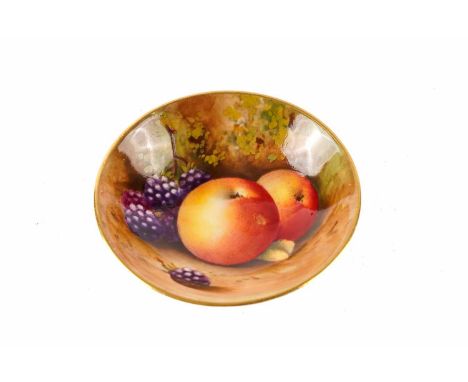 A Royal Worcester pin dish decorated with fruit design, signed Mosley, 7cms diameter.