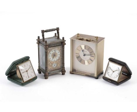 A late 19th Century French carriage alarm clock, with enamelled Arabic dial and alarm dial within gilt foliate surround, plat