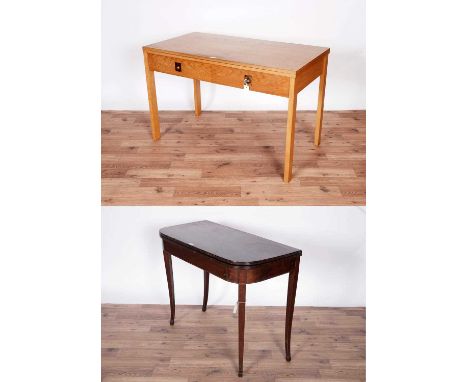 A modern light oak side/breakfast table, with hinged rectangular folding swivel action top, above two drawers, square section