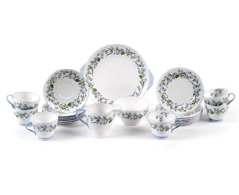A Shelley ‘Harebell’ pattern tea service, comprising: teacups, saucers, side plates, a sugar bowl, a cream jug, and a sandwic