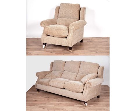 A Parker Knoll three-seater sofa, 204 x 92 x 104cms high; together with a matching armchair, 90 x 92 x 104cms high, both upho