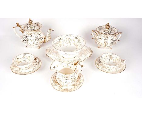 A Rockingham part tea service, 1830-37, each piece decorated with pattern 1329 in gilding, comprising: teapot and cover. sucr
