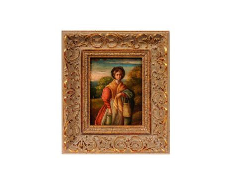 19th Century British SchoolPortrait of a Young Regency Lady in the Country,oil on panel,12 x 9cms, in frame.