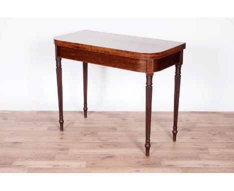 A George III 'fiddle back' mahogany and rosewood banded card table, the hinged folding top opening on a gate leg to reveal a 