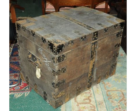 A Victorian oak silver chest, metal bound and with iron carrying handle to either side.  Width 83 cm. CONDITION REPORT: The s