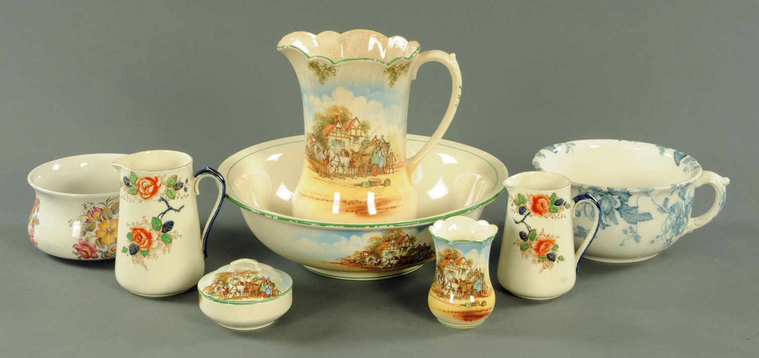 A Falcon Ware Wash Jug And Bowl Set Each With Printed Coaching Scene a-falcon-ware-wash-jug-and-bowl-set-each-with-printed-coaching-scene