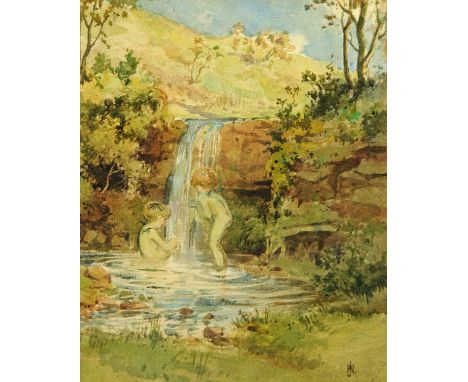 An early 20th century watercolour, children playing by waterfall.  26 cm x 21 cm, signed with initials.  