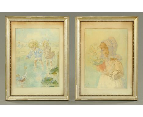 N.W., pair of watercolours, children playing and "First Prize".  Each 28 cm x 21 cm, framed, signed with initials.