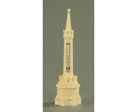 A carved ivory desk thermometer, late 19th century, of spire form, with Fahrenheit and Reaumur scales, height 20 cm.