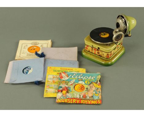 A German tinplate child's gramophone, early 20th century, with colour lithograph printed decoration and an assortment of reco