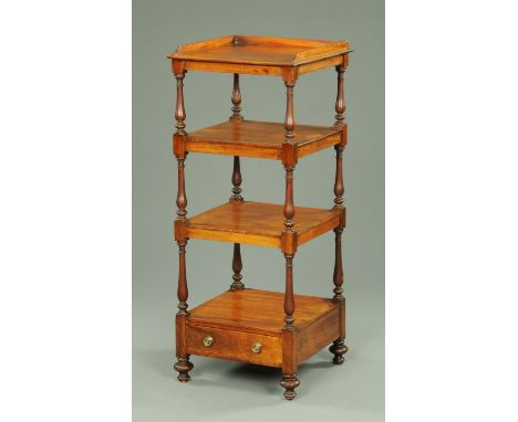 A 19th century mahogany four tier whatnot stand, with single drawer and raised on short turned feet.  Width 43 cm. CONDITION 