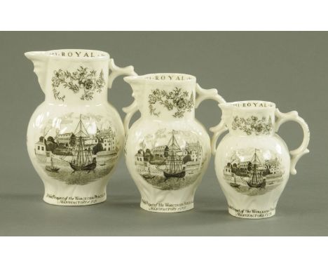 A graduated set of three Royal Worcester bi-centenary jugs, 1951, each with black printed Prospect of the Worcester Porcelain