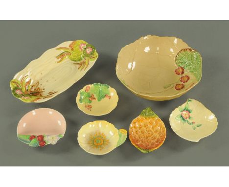 A Clarice Cliff celery dish, a Carltonware leaf moulded fruit bowl and 5 small Carltonware moulded dishes.