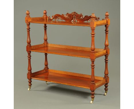 A Victorian mahogany three tier dumbwaiter, with turned columns and raised on ceramic castors.  Width 122 cm.  CONDITION REPO
