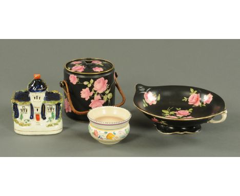 An Art Deco Foley biscuit barrel and fruit bowl, and a Staffordshire cottage and Poole Pottery bowl.  