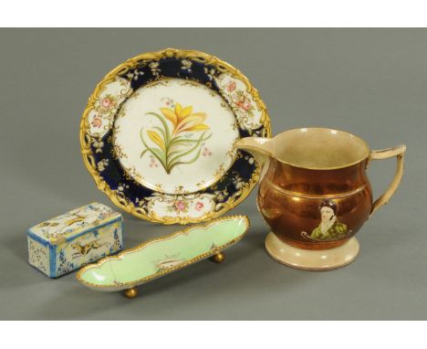 A Manuel Corbato Majolica brick, a Rockingham style plate, copper lustre jug and Worcester pin tray.   Plate diameter 24 cm. 