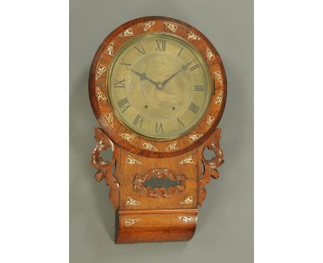 A Victorian rosewood inlaid mother of pearl wall clock, with brass dial and two-train spring driven movement.  Width 42.5 cm.