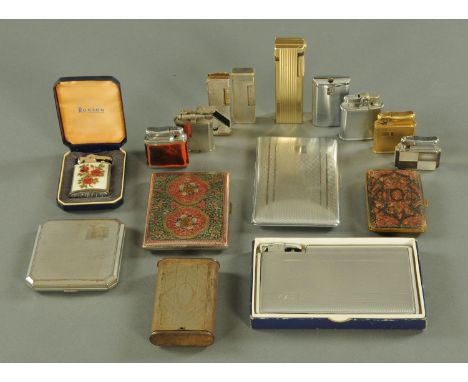 Ten vintage lighters, to include Ronson, Polo, Dunhill, Calibri and Penguin Cygnus, a Polo combination table lighter cigarett